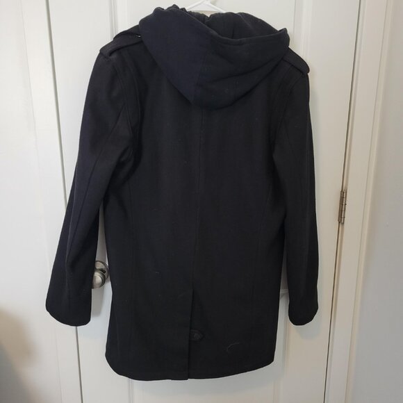 Black Rivet Men’s Hooded Wool Jacket Lined Button Zip Black M Great Condition - Picture 5 of 9